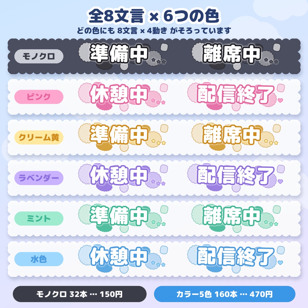 【配信用・透過WebM】動くテロップ もこもこ|準備中・離席中など 8文言×4動き(モノクロ/カラー5色)