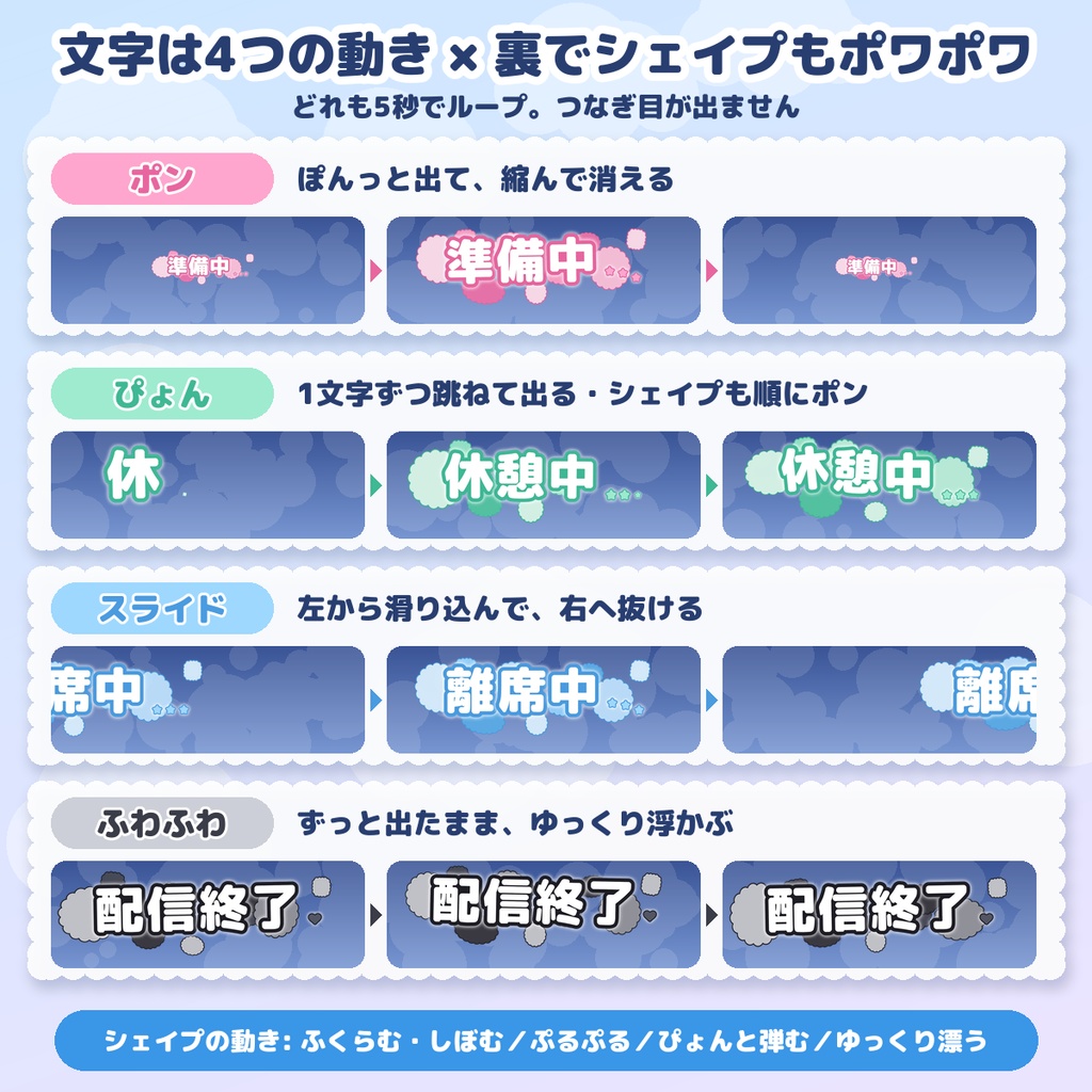【配信用・透過WebM】動くテロップ もこもこ|準備中・離席中など 8文言×4動き(モノクロ/カラー5色)