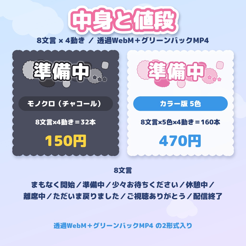 【配信用・透過WebM】動くテロップ もこもこ|準備中・離席中など 8文言×4動き(モノクロ/カラー5色)