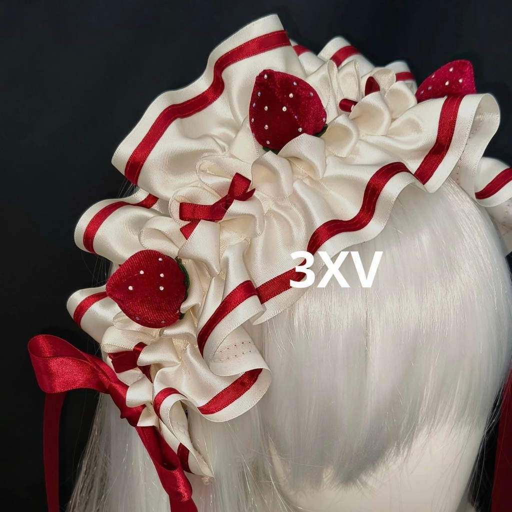 イチゴケーキ リボン ヘッドドレス　赤　ワイン色　オフホワイト