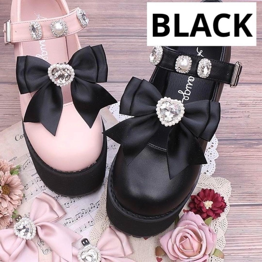 ハートビジュー　リボンシューズクリップ　ブラック　黒