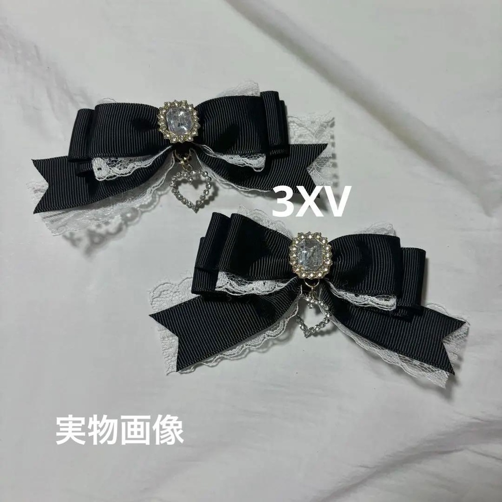 ハートチャーム レースリボン シューズクリップ ブラック 黒