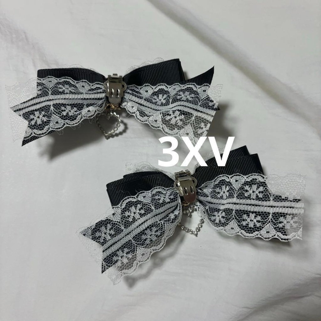 ハートチャーム レースリボン シューズクリップ ブラック 黒