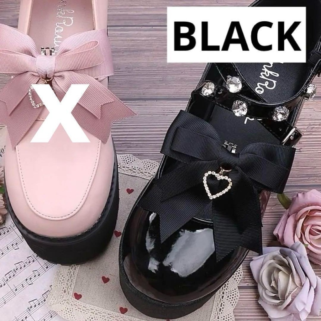 ハートチャーム　リボンシューズクリップ　ブラック　黒