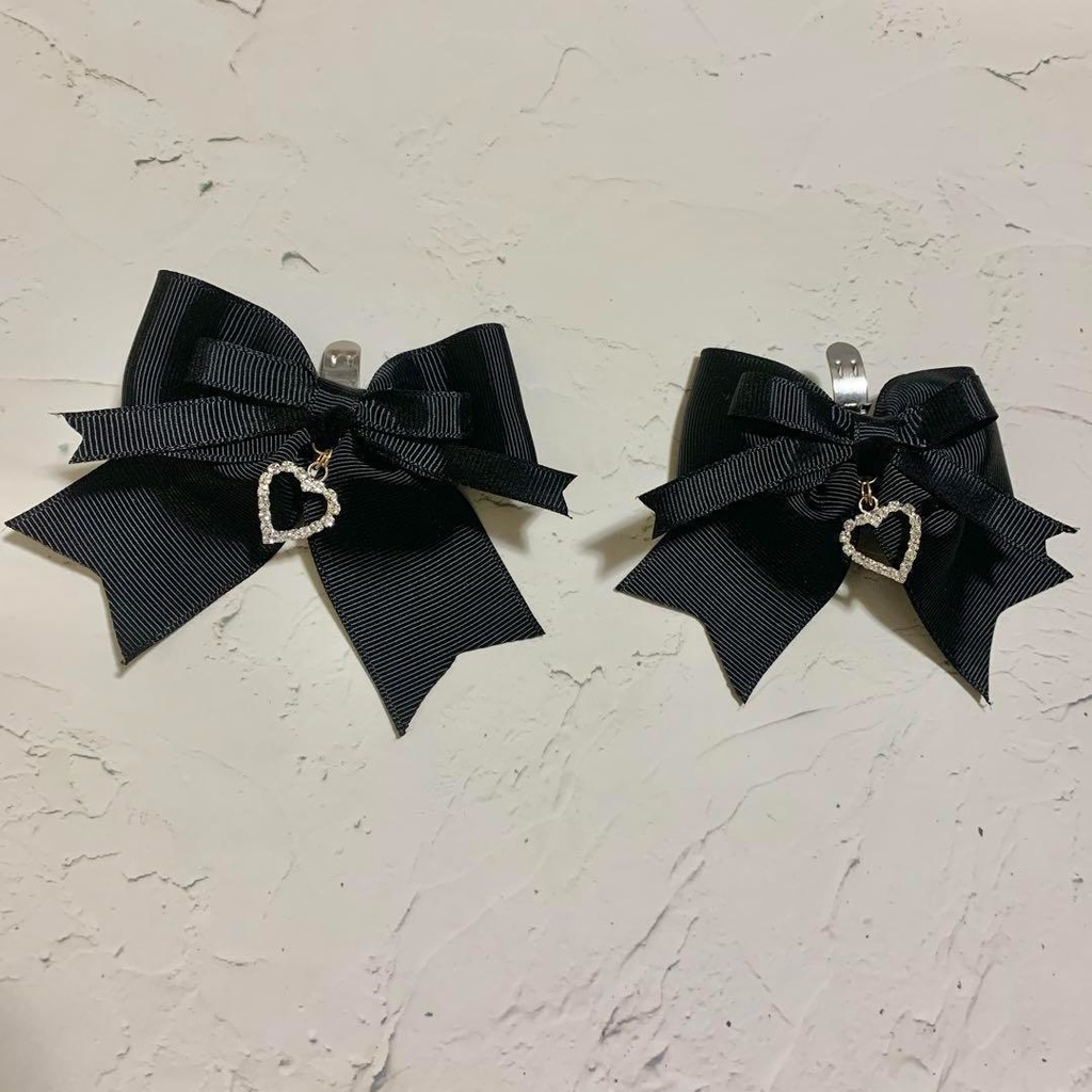 ハートチャーム リボンシューズクリップ ブラック 黒