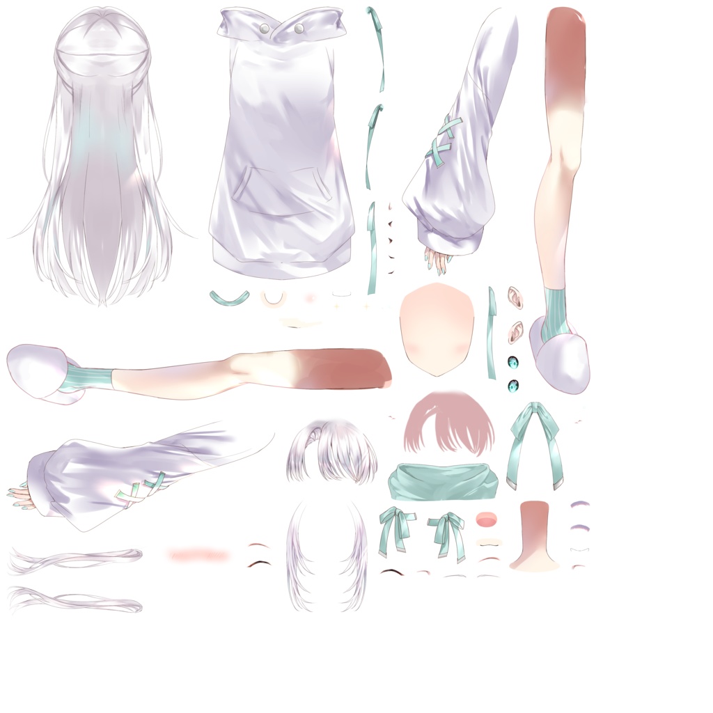 【 パーツ分けイラスト 】【PSD】白髪パーカー女子