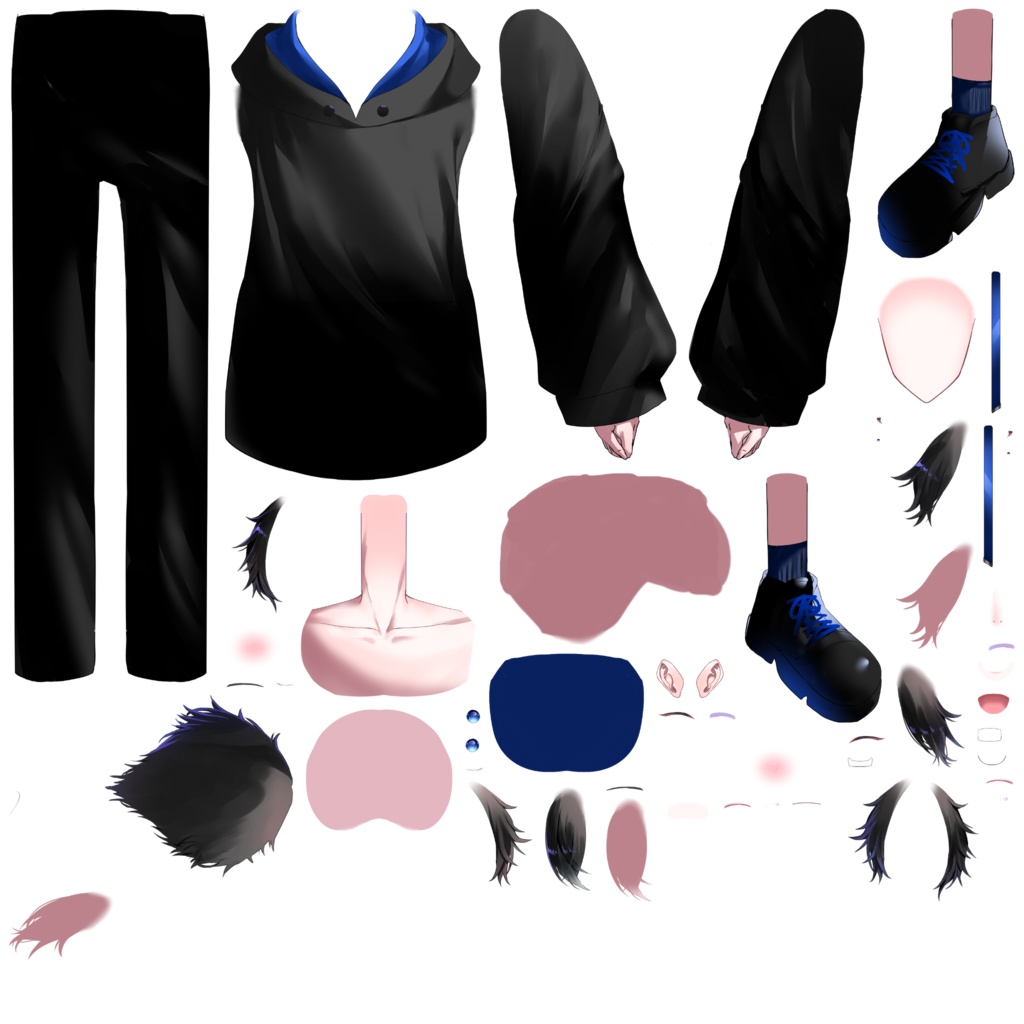 【Live2D用パーツ分け】黒パーカの男性キャラ【PSD】【汎用】