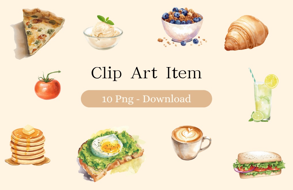 【背景透過PNG】カフェを彩る・水彩食材クリップアート10点セット