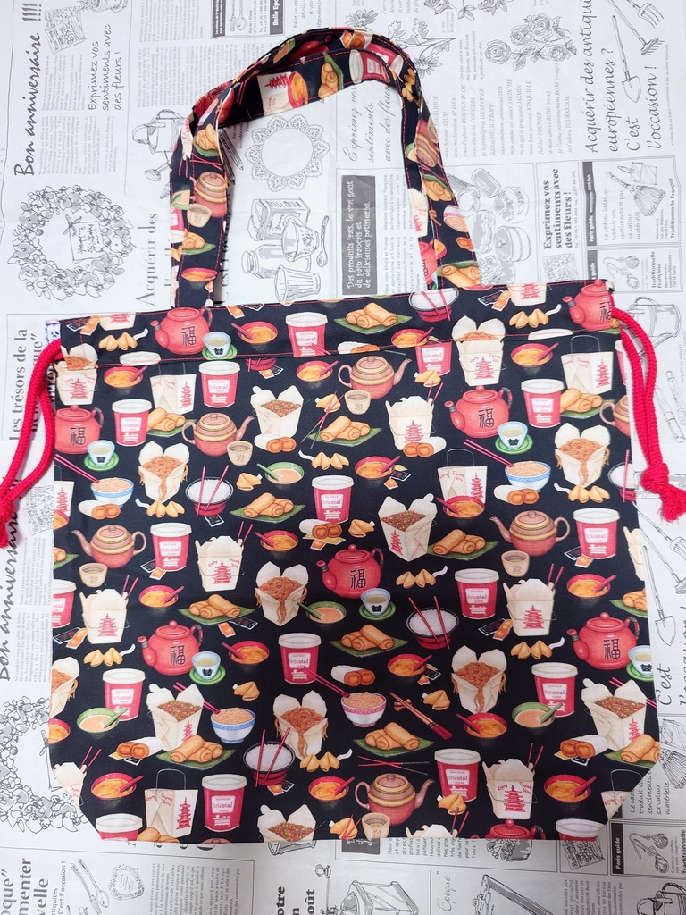 チャイニーズフード柄 巾着トートバッグ