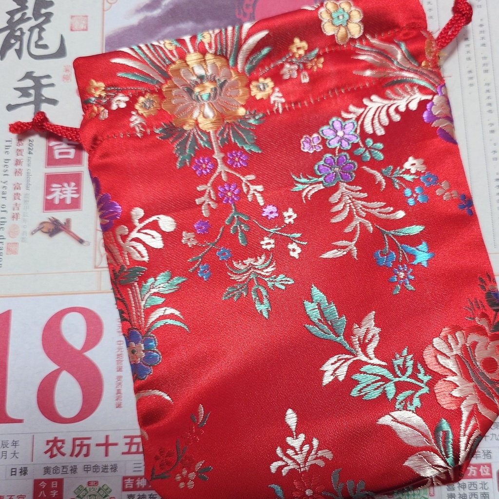 中華風巾着ポーチ 赤