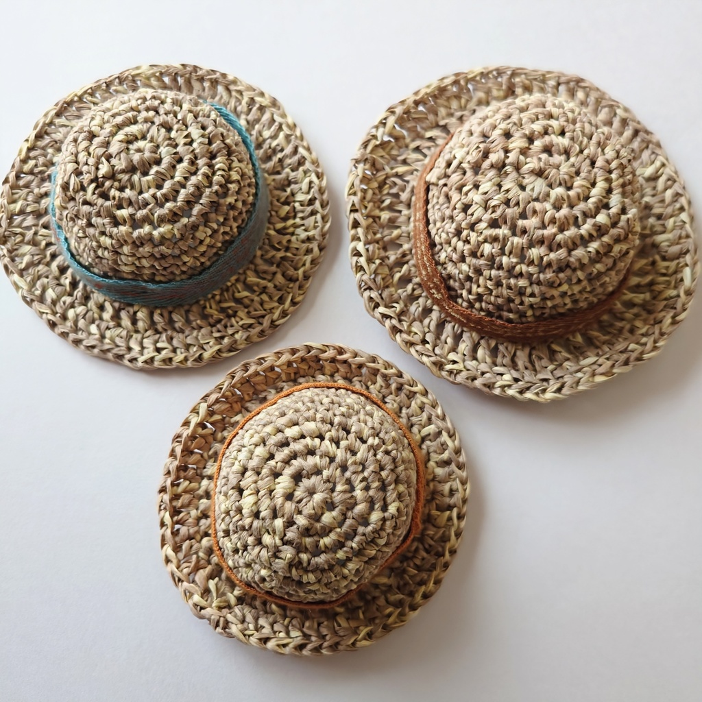 麦わら帽子風手編みぬい帽子 01 お試し価格