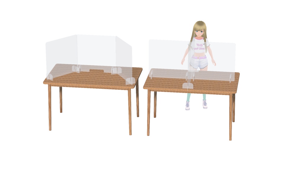 バーチャル用飛沫防止仕切り板3Dモデル(切り欠き付きモデルと木目テーブルも同梱)