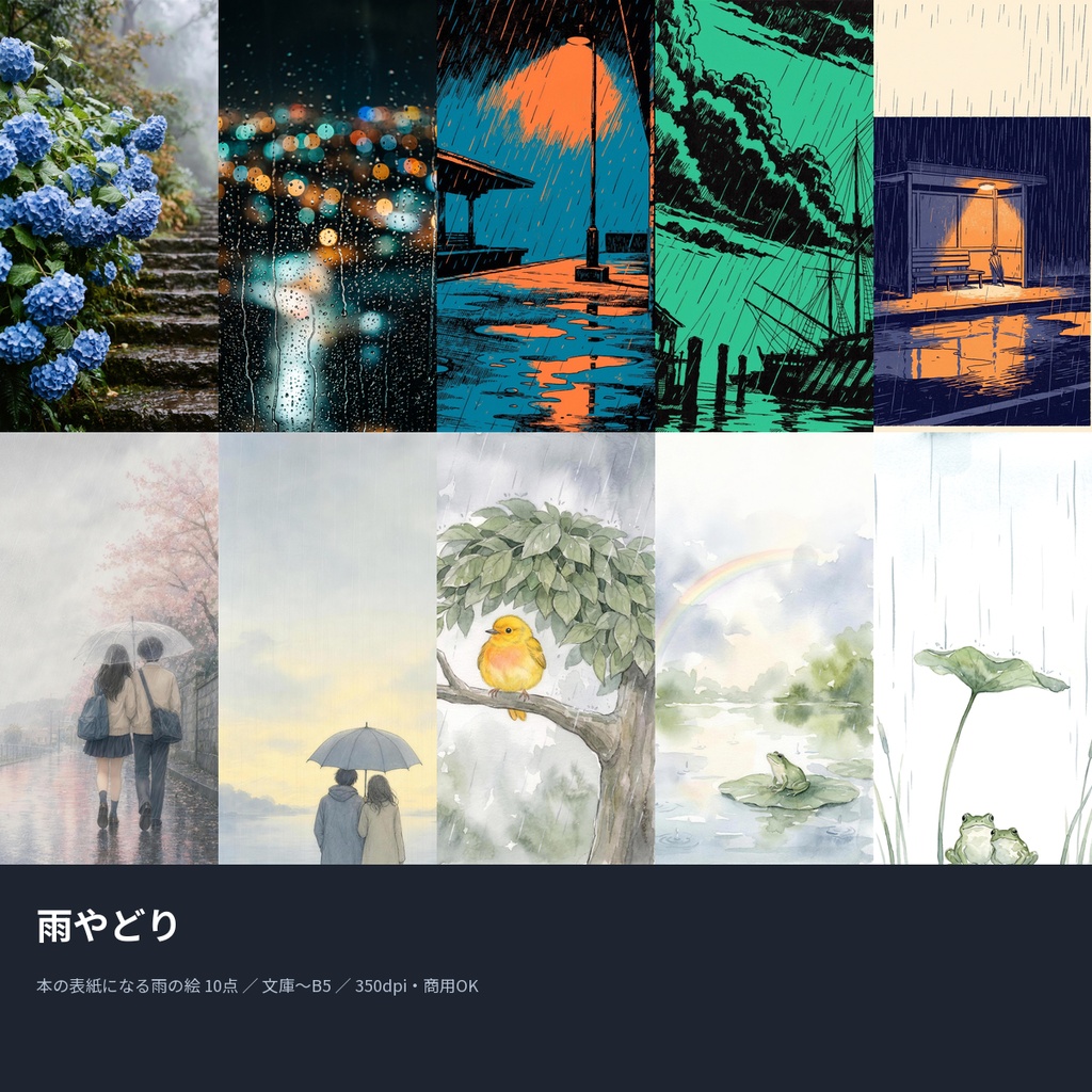 雨やどり|本の表紙になる雨の絵10点(文庫〜B5・350dpi・商用OK)