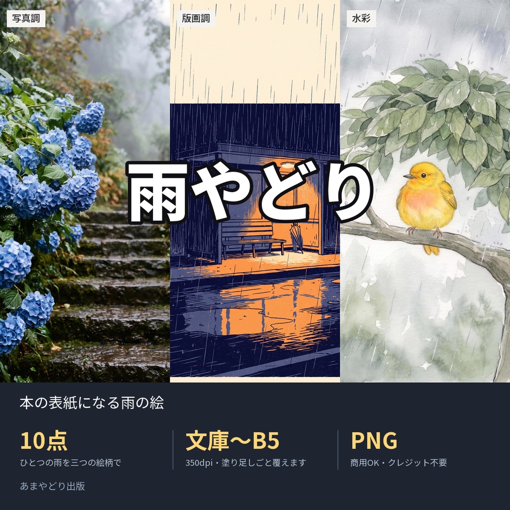 雨やどり｜本の表紙になる雨の絵10点（文庫〜B5・350dpi・商用OK）