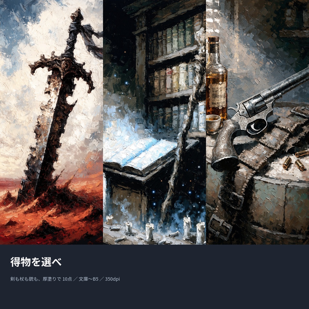 得物を選べ|本の表紙になる武器の絵10点(文庫〜B5・350dpi・商用OK)