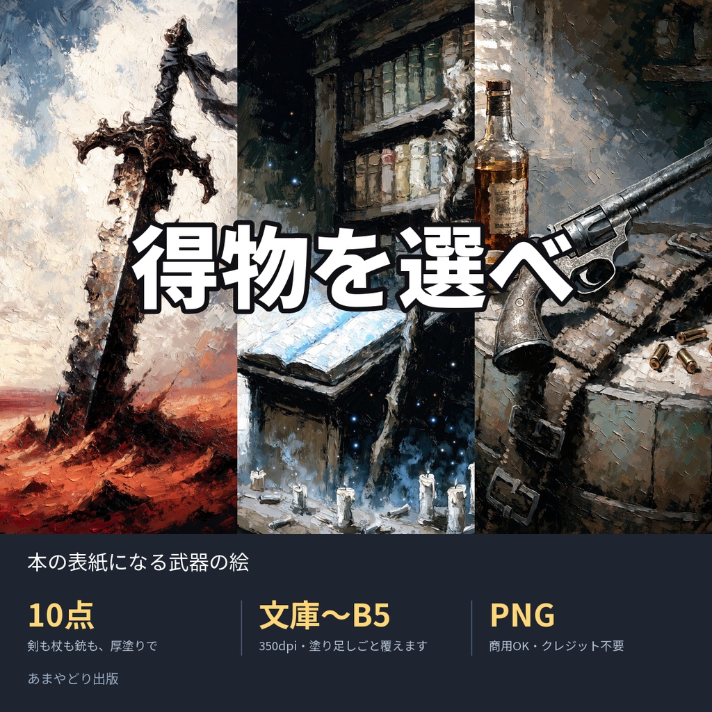 得物を選べ|本の表紙になる武器の絵10点(文庫〜B5・350dpi・商用OK)