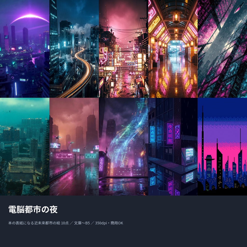 電脳都市の夜|本の表紙になる近未来都市の絵10点(文庫〜B5・350dpi・商用OK)