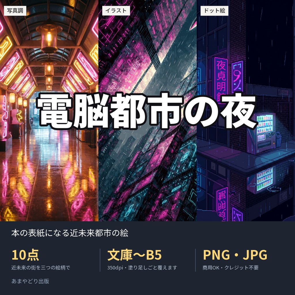 電脳都市の夜｜本の表紙になる近未来都市の絵10点（文庫〜B5・350dpi・商用OK）