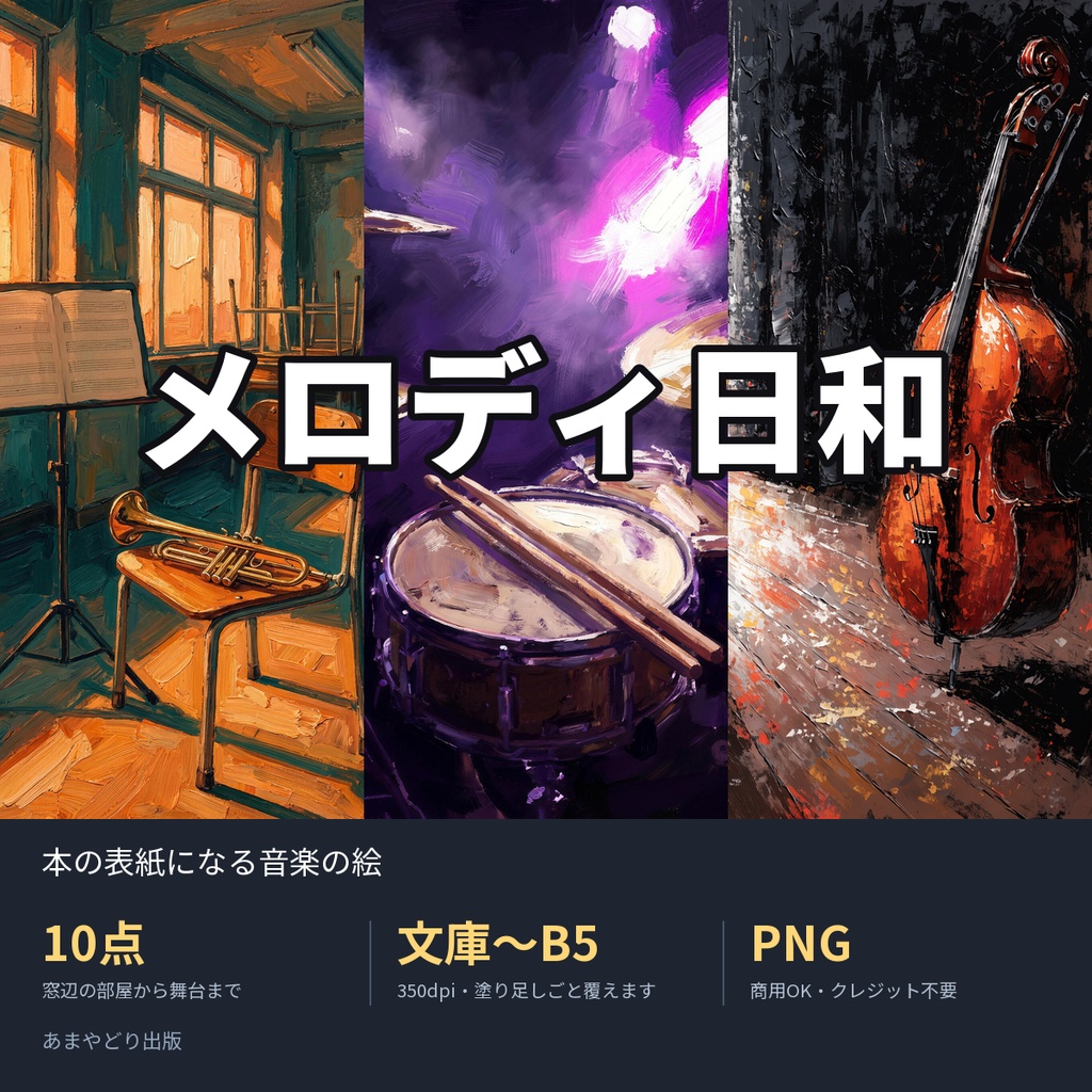 メロディ日和｜本の表紙になる音楽の絵10点（文庫〜B5・350dpi・商用OK）