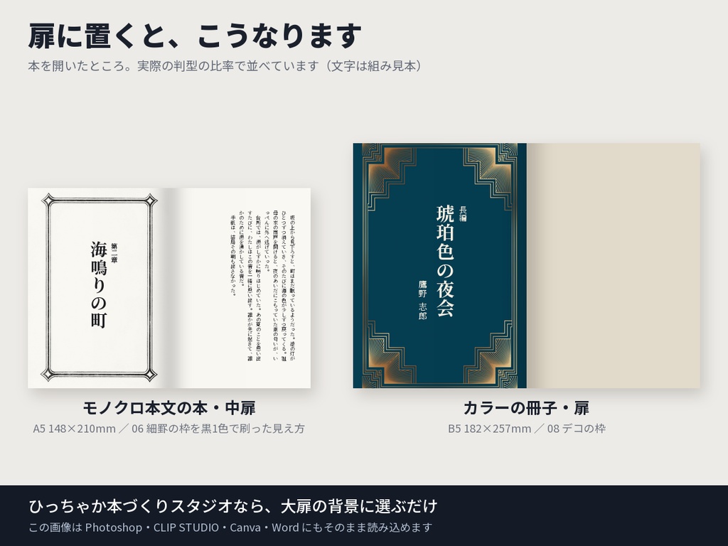 枠の見本帖|本の扉・中扉に使う飾り枠10点(文庫〜B5・350dpi・商用OK)