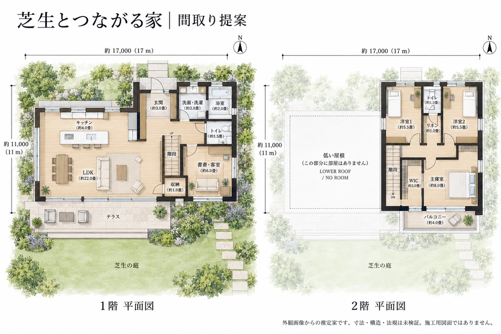 芝生とつながる家|コンセプト間取りアート【AI生成・鑑賞用/施工不可】