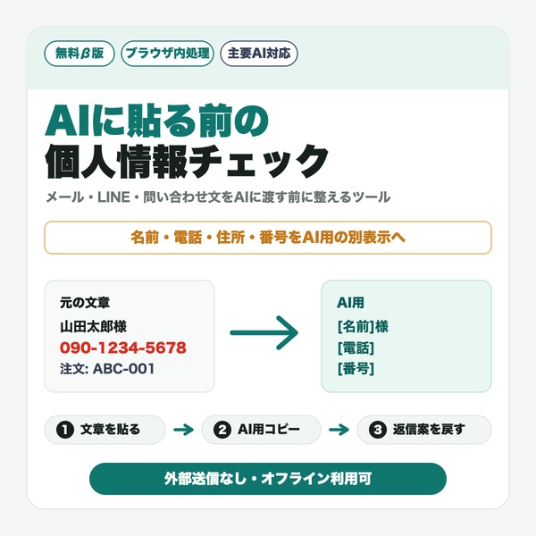 【完全無料】AIに貼る前の個人情報チェック|AI返信前プライバシーチェック無料β版