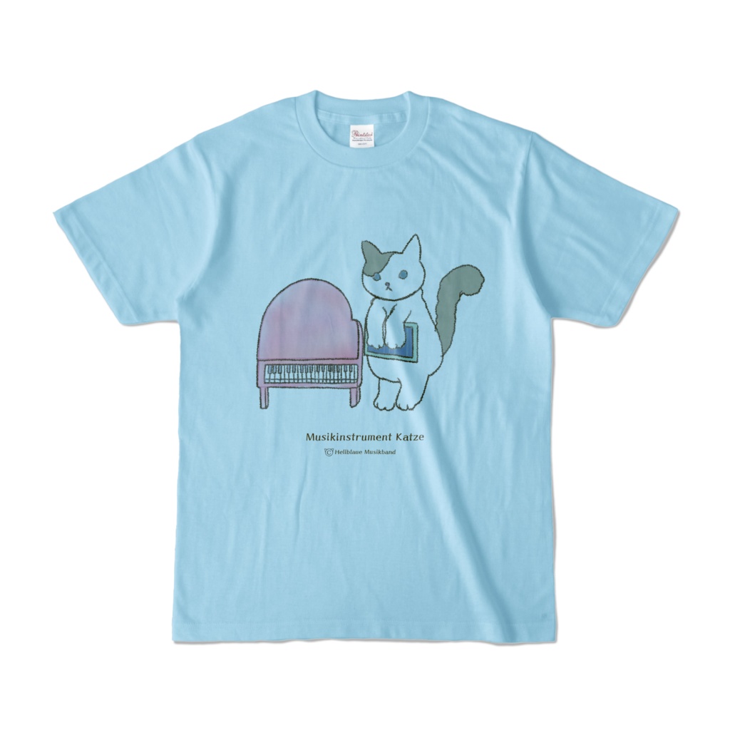 楽器ねこピアノTシャツ水色