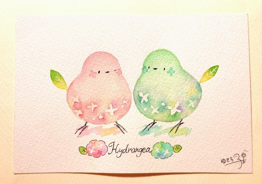 ポストカード原画「あじさい小鳥」