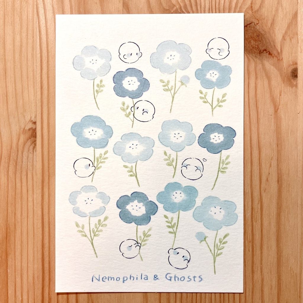 ポストカード原画「おばけとネモフィラ」