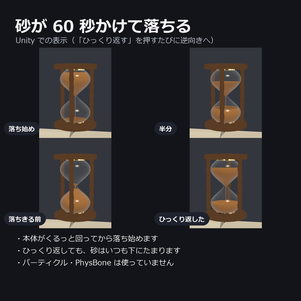 【VRChat】ひっくり返せる砂時計 ― 砂がさらさら落ちる(MA対応・木の台座)