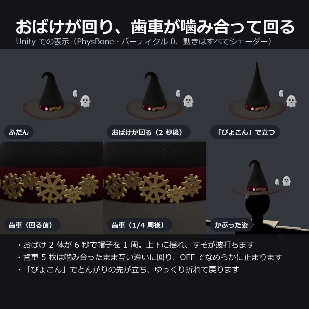 魔女帽子 ― 帯の歯車が回り、おばけが周りを回る【VRChat想定・MA対応】