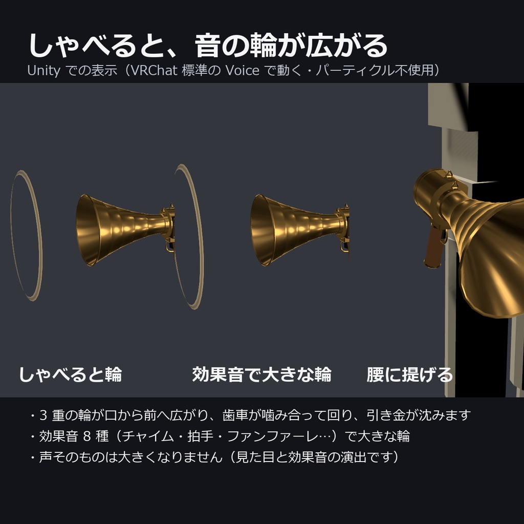 【VRChat】声で音の輪が広がる真鍮のメガホン ― 効果音 8 種つき(MA対応・2色)