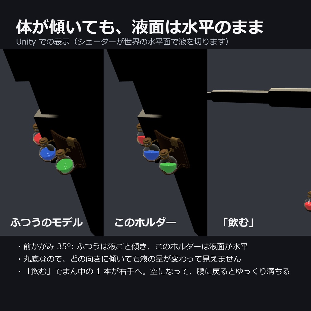 【VRChat】傾けても液面が水平なポーションホルダー ― 腰に下げる 3 本のフラスコ(AudioLink・MA対応・2色)
