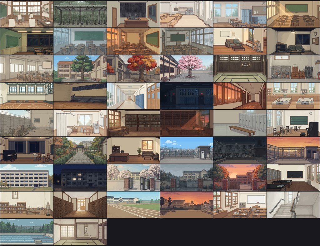 アニメ学園背景 — ピクセルアート50シーン(16-bit風・800x400)