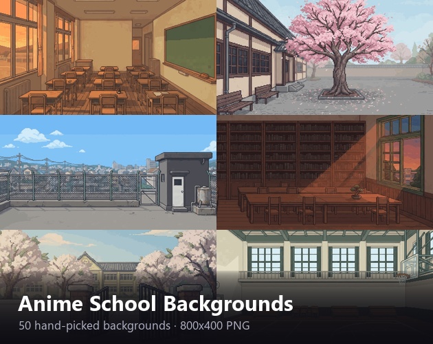 アニメ学園背景 — ピクセルアート50シーン(16-bit風・800x400)