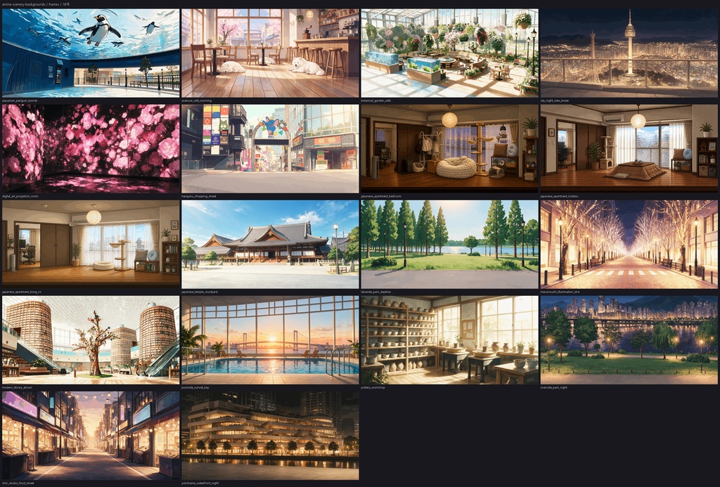 アニメ風景背景 — 日本と韓国(16-bit風・800x400・18シーン)