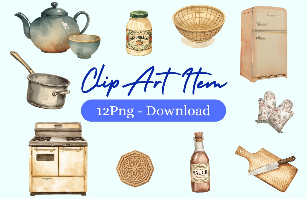 アンティーク風 水彩画キッチン用品クリップアート  ナンバー➁ 12種類セット(背景透過PNG)