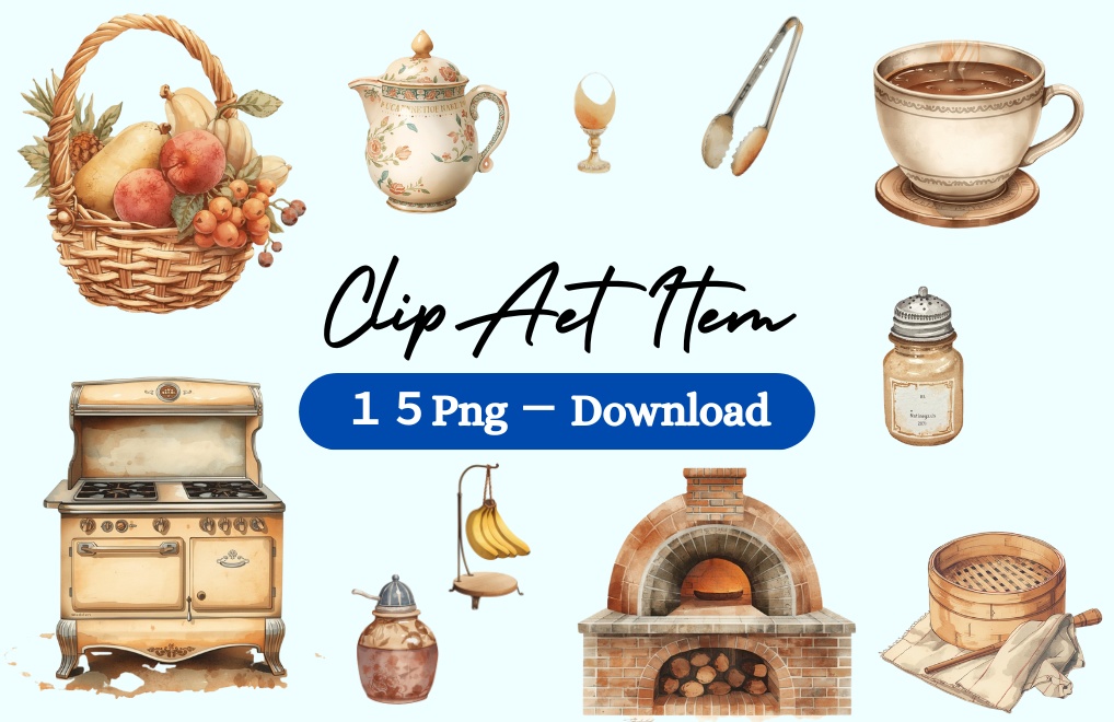 アンティーク風 水彩画キッチン用品クリップアート ナンバー③(背景透過PNG・15種類セット) |Antique Watercolor Kitchen Tools Clipart Vol.3 – 15 Items