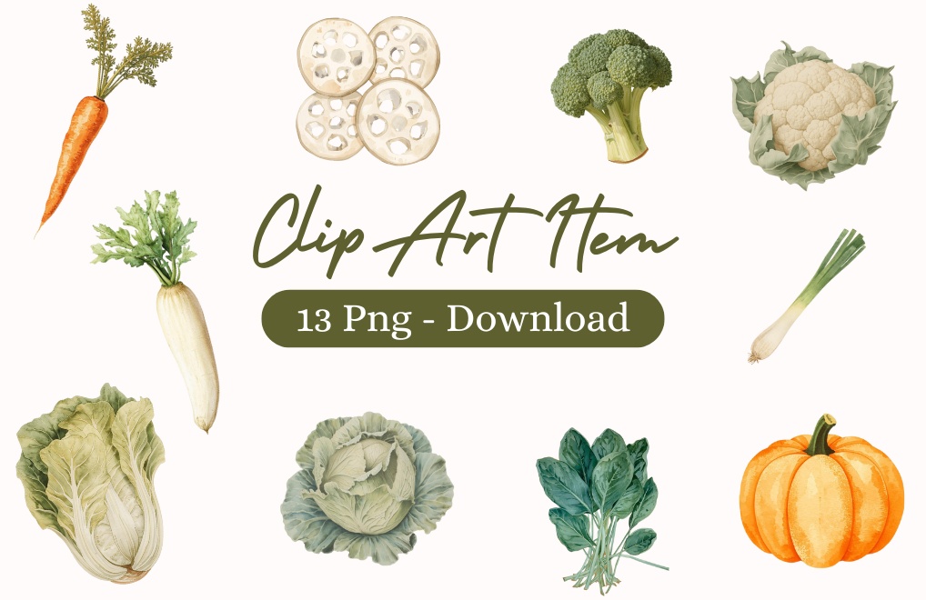 アンティーク風クリップアートセット〈冬の野菜13種類〉 Antique-Style Winter Vegetables Clip Art Collection (13 Items)