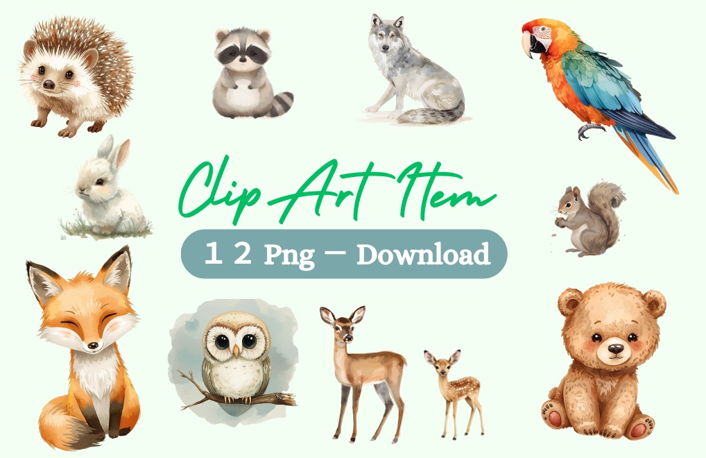 やわらか水彩・森のどうぶつたち クリップアートセット（12種類）