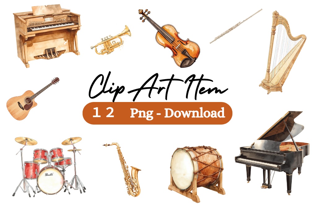 クリップアート【楽器シリーズ】第1弾(基礎の楽器セット:12種)