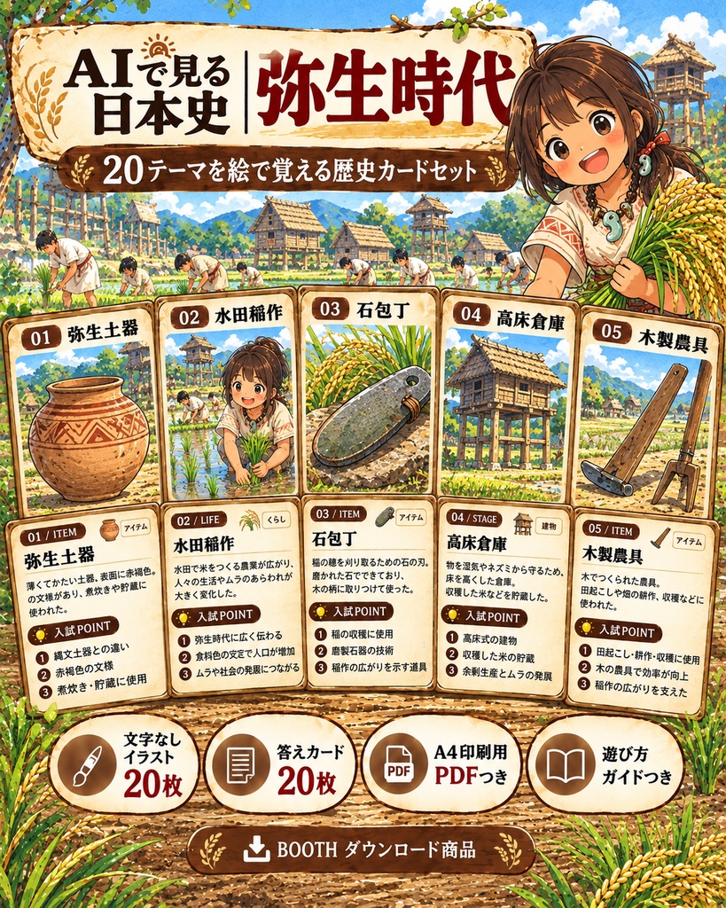AIで見る日本史｜弥生時代編｜絵で覚える日本史カード 20枚＋BONUS