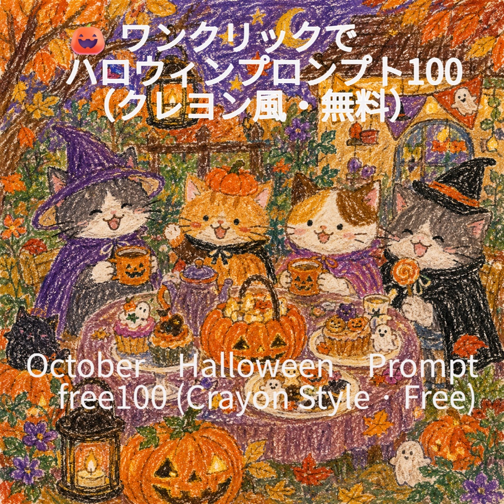🎃 ハロウィンAIイラストプロンプト100パターン｜クレヨン風・動物ハロウィン｜無料プロンプトジェネレーター