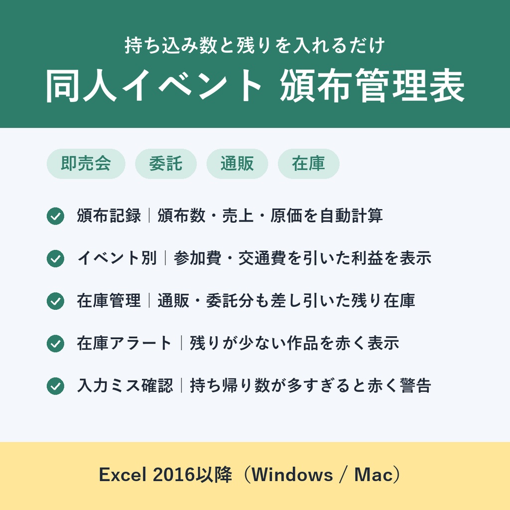 【Excel】同人イベント 頒布・在庫管理表｜持ち込み数と残りを入れるだけで、利益と在庫がわかる