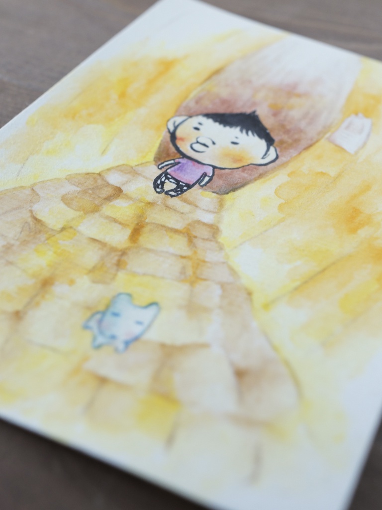 水彩手描き原画◆あおいいぬとぼく◆ポストカード
