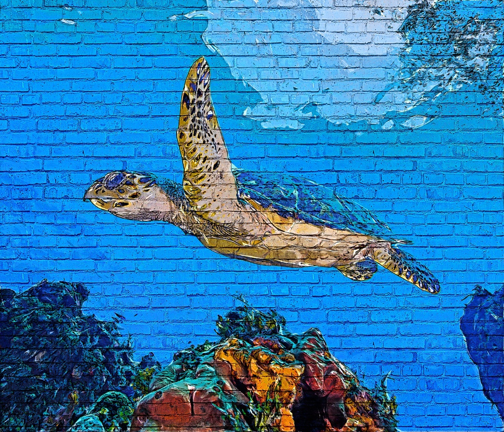 美しい海で泳ぐタイマイ - レンガ ブロック背景