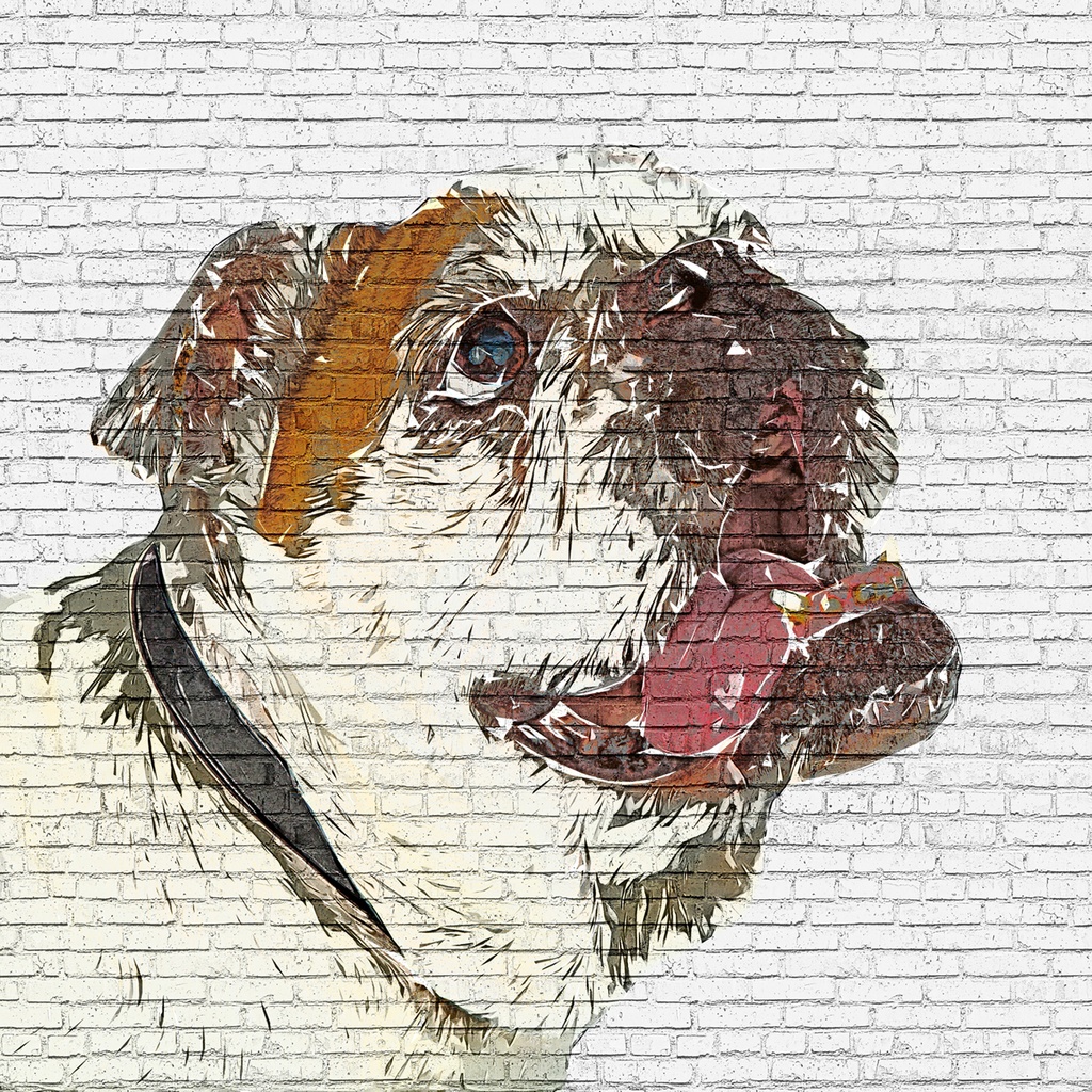 笑顔のブルドッグ - レンガブロック背景