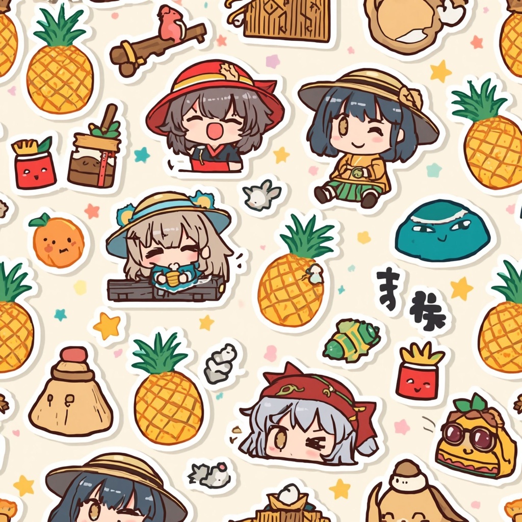 沖縄風ミニキャラ・デジタルペーパーパック | イラストパターン | 印刷用スクラップブック背景 | Canva用ダウンロード | 全8枚 シームレス