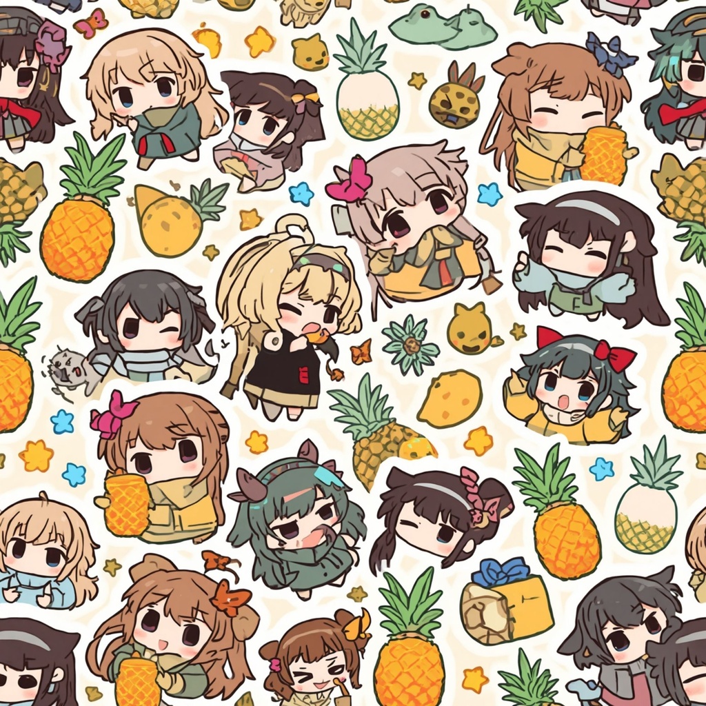 沖縄風ミニキャラ・デジタルペーパーパック | イラストパターン | 印刷用スクラップブック背景 | Canva用ダウンロード | 全8枚　シームレス