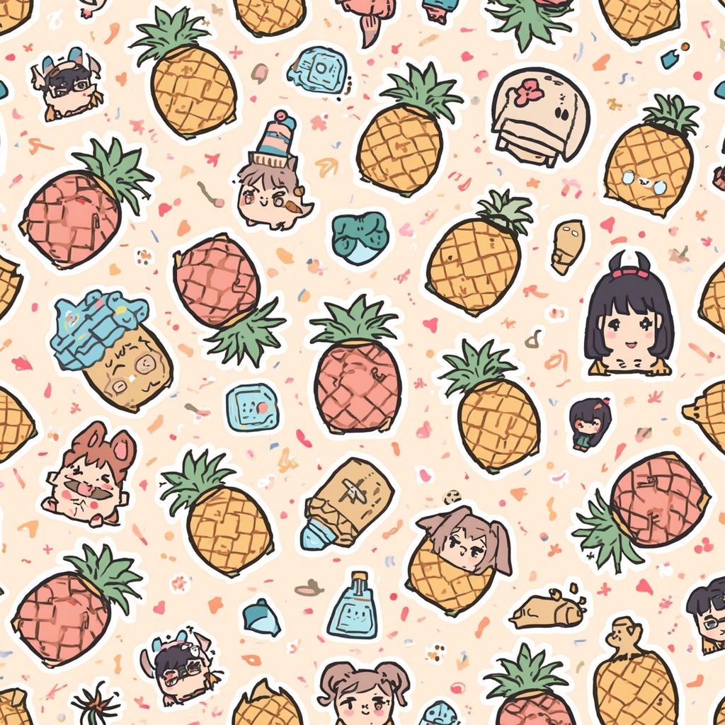 沖縄風ミニキャラ・デジタルペーパーパック | イラストパターン | 印刷用スクラップブック背景 | Canva用ダウンロード | 全8枚 シームレス